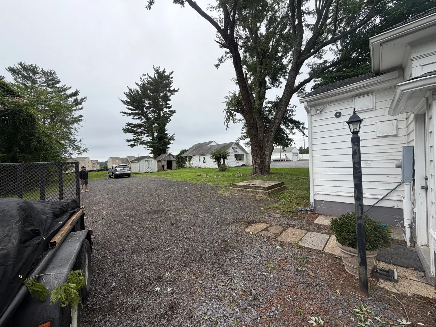 Driveway and yard after a storm with a large tree down
